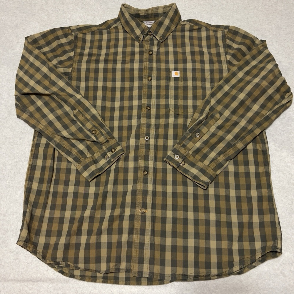 Carhartt Shirt Men's XL Brown Essential Plaid Relaxed Fit Button Down Workwear